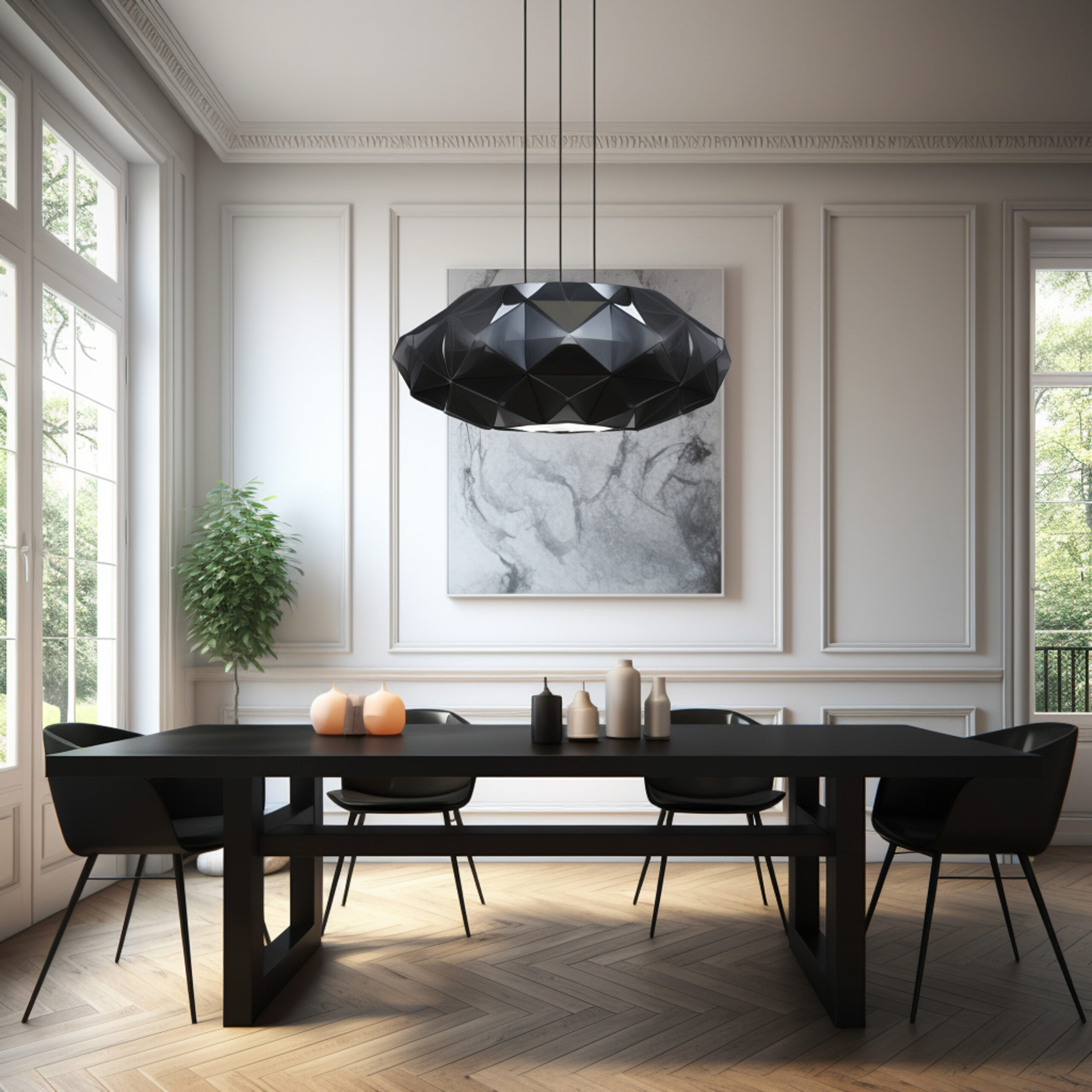 black pendant hung over table in modern dining room, in the style of low poly, aluminum, architectural illustrator, luminous sfumato, fine detailed, 20th century scandinavian style, delicate lines --v 5.2 Job ID: 6ce8686c-82e7-46e0-b484-f84781ca56b1